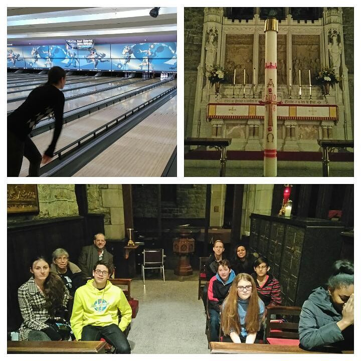 A collage of three photos. Clockwise from top left: A teen, all in black, at a bowling lane. A christian cross at the front of an unfamiliar church. Teens gathered in a basement looking incredibly tired. There are filing cabinets in the background.