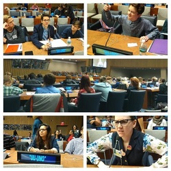 A collage of five photos, each one portraying one or more teens speaking at what may be a mock UN meeting? There are light-up name tags and delicate mics in front of each teen. The middle photo is a view from behind, and the room looks very full.