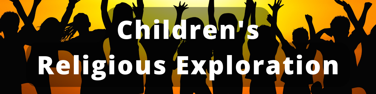 Eleven little kids, most of them in t-shirts, are silhouetted against a bright orange and yellow background, with their arms raised in excitement. The words 