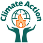 Climate Action Icon - dark green hands forming stylized chalice whose flame overlays a dark green globe.