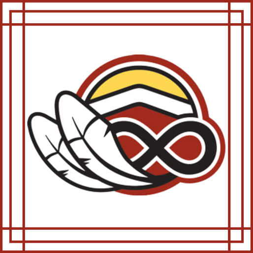 The Ontario Aboriginal Housing Services logo: A black figure eight, a yellow sunrise, and two white feathers appear against a white background. The image is framed with a border of thin red lines.