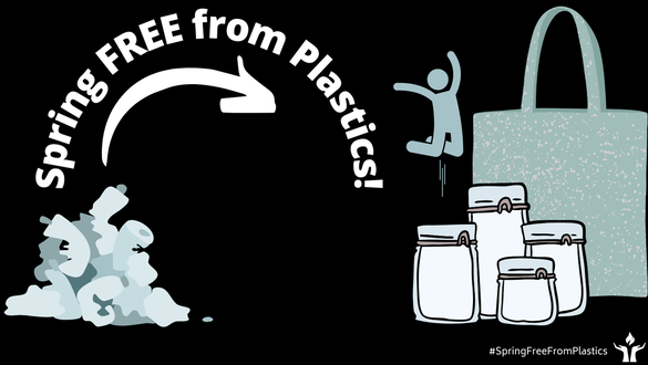A stick-figure person leaps from a pile of crumpled plastic bottles to a stack of reusable glass jars, backed by a canvas bag. The words 