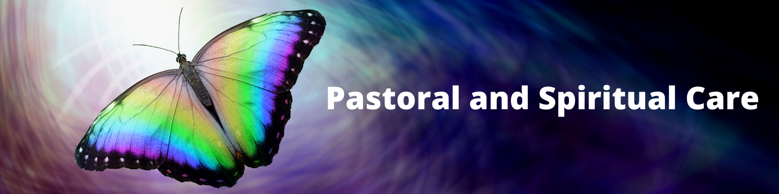 A colourful, iridescent butterfly appears against an indigo background. The words 
